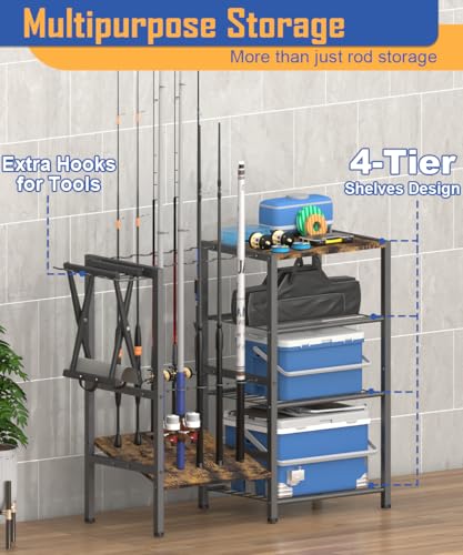 Tigerden Fishing Rod Holders for Garage, Fishing Pole Holder Stand with Multifunctional Hook, 4 Tier Fishing Gear Equipment Organizers Rack, Fits Most Rods of 1.57" for Home Entryway Corner, Black