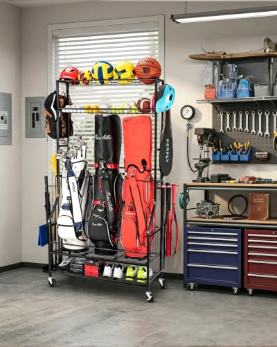 FHXZH Golf Bags Storage Garage Organizer - Stand for 3 Golf Bags, Clubs, and Equipment Accessories with Wheels