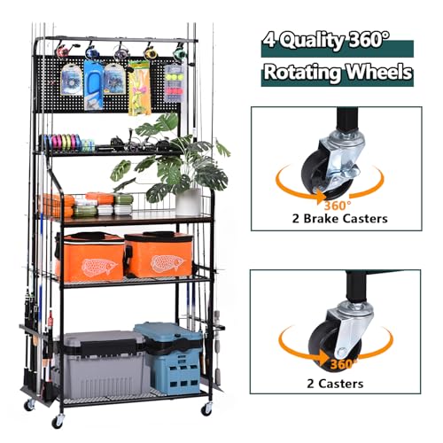 Bknius Metal Black Fishing Rod Rack for 12 Rods With Large Storage Capacity, Vertical Fishing Pole Holders for Garage Use for Fishing Gear Storage