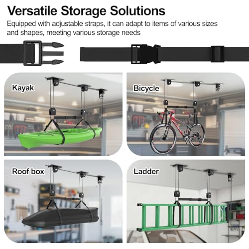 TooTaci Cargo Box Pulley System for Garage, Heavy Duty Ceiling Storage Lift with 3 Metal Pulley Hold Up to 150lbs, Garage Hoist System for Kayak, Roof Box, Ladders, Easy Lift, Fit 10-14 Foot Ceilings