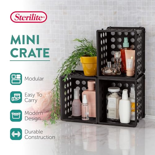 Sterilite Mini Crate, Stackable Plastic Storage Bin with Handles, Organize Home, Garage, Office, School, Dorm Room, Black, 12-Pack