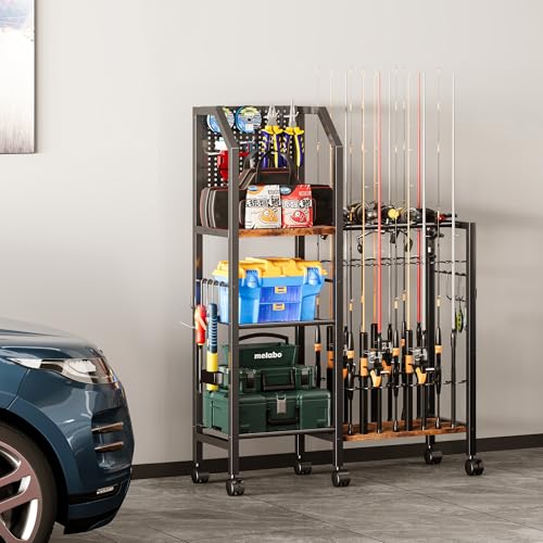 Fishing Rod Holders for Garage, Convenient Pegboard with 14 Long Utility Hooks, Fishing Rod Rack Up to 16 Rods, 3 Tier Fish Pole Stand with Fishing Reel Holders & 8 Hooks for Fishing Gear Accessories