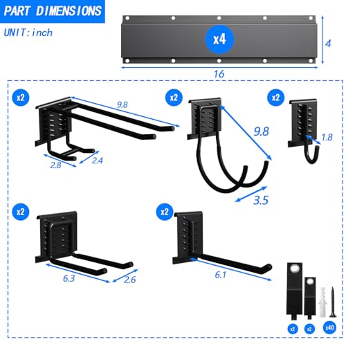 CBWLWJ 64'' Garage Tool Organizer Wall Mount - Heavy Duty 680 lbs Capacity Tool Rack with 10 Adjustable Hooks, Wall Mounted Storage System for Garage, Shed, Workshop (Black)