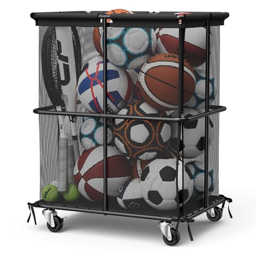 YAHKBTEN Outdoor Ball Storage Rolling Storage Cart with Wheels Sports Equipment Organizer for Garage Save and Storage for Indoor & Outdoor Use, Clothes, Toys, Sports Gear, Black