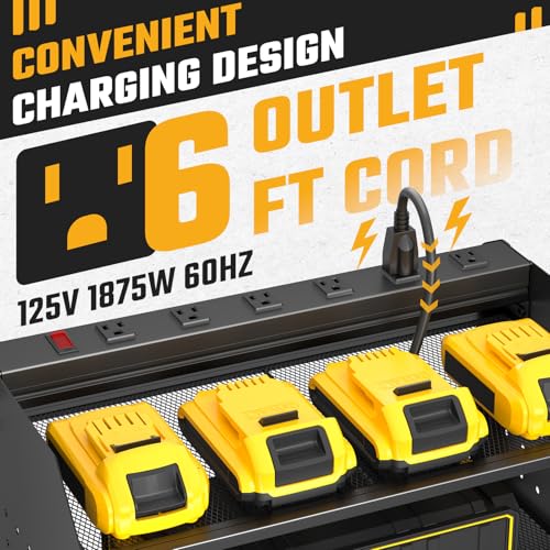 ZESEN Power Tool Organizer Wall Mount, 3 Layer Charging Station with 6 Outlets, 4 Drill Holders and Drill Bit Rack, Tool Holder Storage Shelf Rack for Garage, Workbench and Workshop, Black