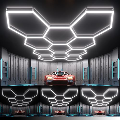 Litezone Hexagon Garage Lights : 3 Level Dimmable 322W Tube 11 Grids Hexagon LED Lights - Easy Install 6500K Super Bright Hex Lights for Garage, Home Gym, Shop, Workshop, Basement, Studio