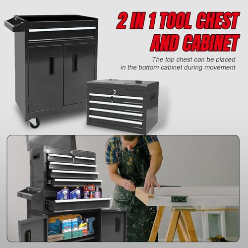BIG RED 5-Drawer Rolling Tool Chest: Metal Tool Box with Wheels, Removable Top Tool Box, Liner, Adjustable Shelf and Locking Mechanism for Garage Workshop,Black