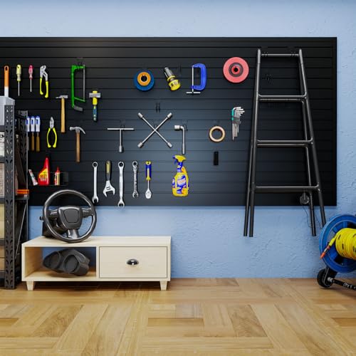 4'x8' PVC Slat Wall Paneling, High Load Capacity Slatwall Panel, Cuttable & Moisture-Proof & Flame Retardant, Heavy Duty Black Garage Slatwall Panes Storage Systems for Garage Workshop Storage