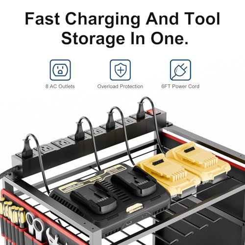 CFMASTER 5-Tier Power Tool Organizer Cart with Charging Station - 8 AC Outlets, 300 lbs Heavy Duty Utility Rack, Rolling Drill Holder & Tool Storage Cart on Wheels for Garage, Workshop, Gift for Men