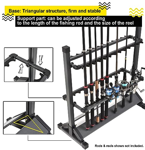 Jorazor 24-Rod Aluminum Fishing Rod/Pole Holder, Rustproof Fishing Rod Rack with 360° Lockable Wheels, Multi-Functional Storage Organizer for Garage & Home, Fits Most Rods & Golf Clubs (Black)