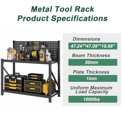 Work Bench with Pegboard,Heavy Duty 3000lbs Capacity Workbench Adjustable Shelves,Work Table for Garage Warehouse47.2 H*47.09" W*19" D
