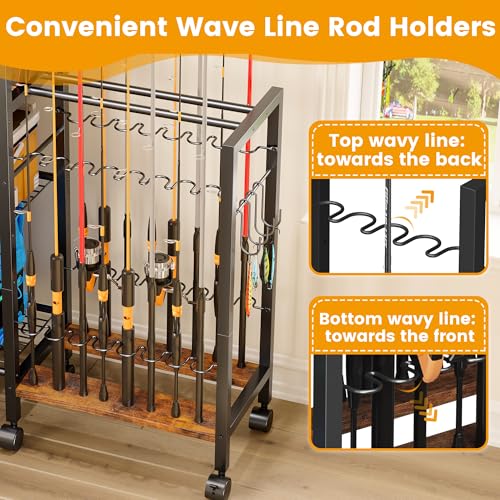 Fishing Rod Holders for Garage, Convenient Pegboard with 14 Long Utility Hooks, Fishing Rod Rack Up to 16 Rods, 3 Tier Fish Pole Stand with Fishing Reel Holders & 8 Hooks for Fishing Gear Accessories