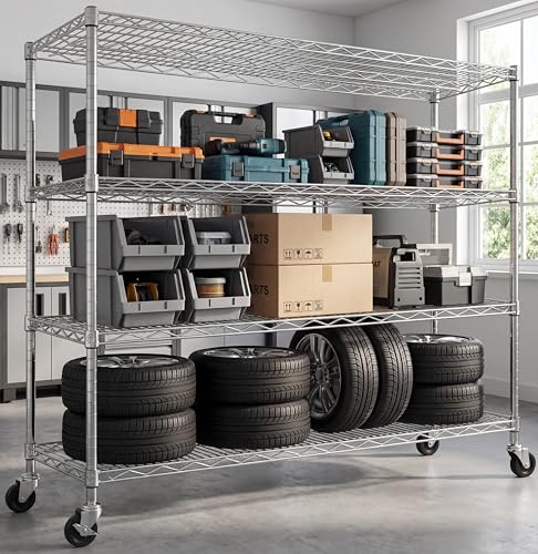 Mapleyard Chrome Storage Shelves with Wheels 55.5" W Garage Shelving Heavy Duty 4 Tier Adjustable Wire Shelving Unit Metal Shelving for Garage Pantry Commercial Basement,55.5" Wx24 Dx76 H