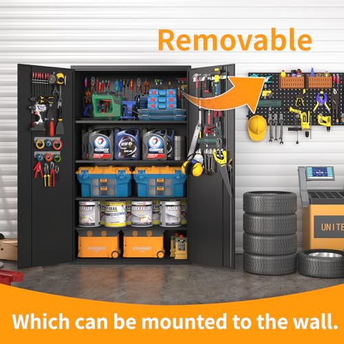 Upgraded Tall & Wide Metal Storage Cabinet with Doors & 4 Adjustable Shelves | Heavy-Duty Black Lockable Garage Cabinet with Wheels & Pegboard for Office, Gym, Basement, Warehouse (Black)