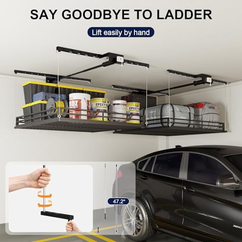 LoJok Garage Ceiling Storage Lift, Manual Overhead Hoist Rack with 5" Safety Railing, 4x4 Ft Heavy Duty Metal Platform, 300 lbs Capacity, Includes Dust Cover & Straps, Black (Triangular Style)