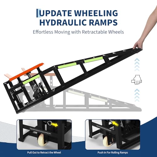 Heavy Duty Hydraulic Car Ramps 2 Pack, 5 Ton Capacity 9-15 Inch Lift for Cars SUVs Trucks with Rolling Wheels & Reflective Strips for Oil Changes Tire Rotations