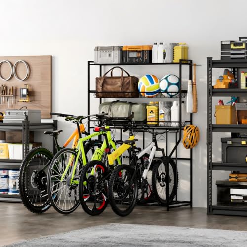 Riodalare 4 Bike Stand, Bike Rack Garage with 3-Tier Storage Baskets, Indoor Outdoor Bicycle Storage Stand Organizer, Metal Stability Floor Bicycle Station for Mountain, Road, Hybrid, Scooters