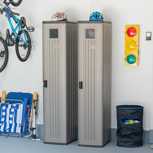 Suncast Tall Storage Locker for Garage Organization - 72" Lockable Organizer with Shelving for Garden Supplies, Paint Cans & Outdoor Tools, Multi-Wall Resin Construction, Platinum