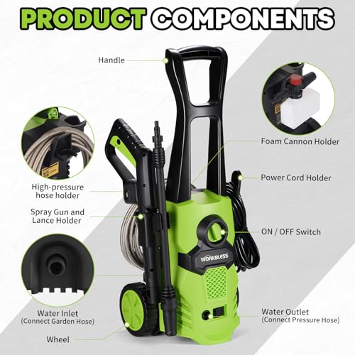 WorkBless Electric Pressure Washer, w/23ft Hose & 18ft Cord, Angle-Adjustable Nozzle, Foam Cannon, Power Washer for Car, Driveway, Patio, Fence, House Cleaning