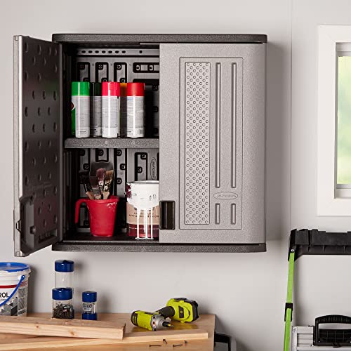 Suncast Wall Storage Cabinet for Garage Organization - 4 Cu. Ft. Wall Mounted Garage Cabinet with Shelf for Garden Supplies, Paint Cans & Outdoor Tools, Multi-Wall Resin Construction, Platinum