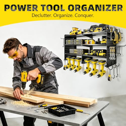 Power Tool Organizer Wall Mount, 4 Tier Heavy Duty Tool Storage Rack, 400 LBS Capacity with Drill Tools Holder & Hooks, Tool Organizers and Storage for Garage, Warehouse, Workshop, Gifts for Men