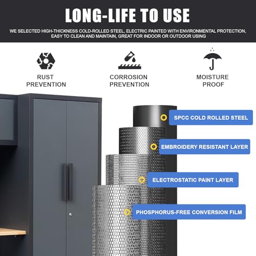 Tsnritor 15PCS Corner Garage Storage Cabinet System, Heavy Duty Workshop Set, Corner Cabinet Includes Workbench, Pegboard & Lockable Drawers Metal Tool Organization System for Garage Workshop