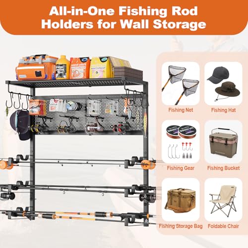 Olakee Wall Mount Fishing Rod Holders, Large Capacity Fishing Pole Holders for Garage Organizer, Horizontal Fishing Pole Rack Holds Up to 6 Rods with Pegboard & Hooks, Ideal Gift for Men Dad Anglers