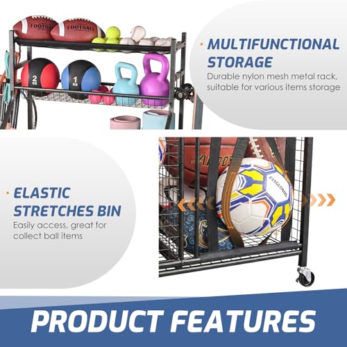 PLKOW Sports Equipment Organizer - Garage Storage Rack with Basket and Hooks, Garage Ball Storage for Toy and Sports Gear, Black