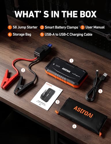 AstroAI S8 Car Battery Jump Starter 1500A – Portable 12V Lithium Jump Box with 3 Mode Flashlight, Power Bank & Smart Jumper Cables - for 6.0L Gas and 3.0L Diesel Engines
