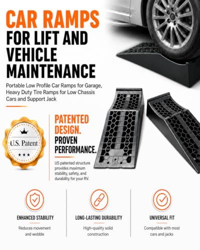 ROBLOCK Car Ramps for Lift and Vehicle Maintenance, Portable Low Profile Car Ramps for Garage, Heavy Duty Tire Ramps for Low Chassis Cars and Support Jack, 26''x9.8''x5.9'', G.V.W 20000 LBS, 2 PCS