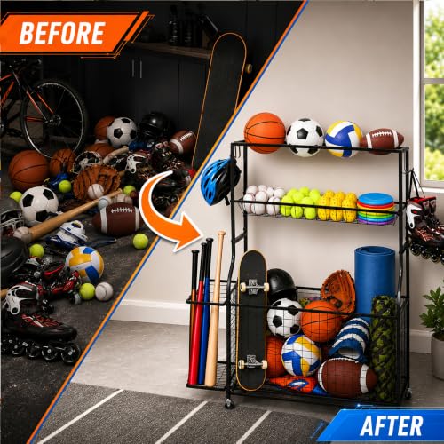 DuraMax Sports Storage Rack for Garage with Wheels, Ball Storage Rack and Sports Equipment Storage Rack, Garage Sports Organizer with Mesh Bin, Basket, Hooks and Bat Rack