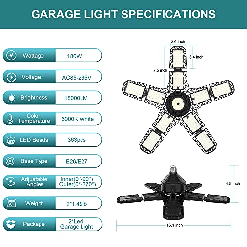 Nexillumi 2-Pack Led Garage Light 180W, 36000LM Garage Lights Ceiling LED with E26/E27 Medium Base, 6000K Deformable LED Shop Lights with 10+1 Adjustable Panels for Garage, Workshop, Attic, Basemen