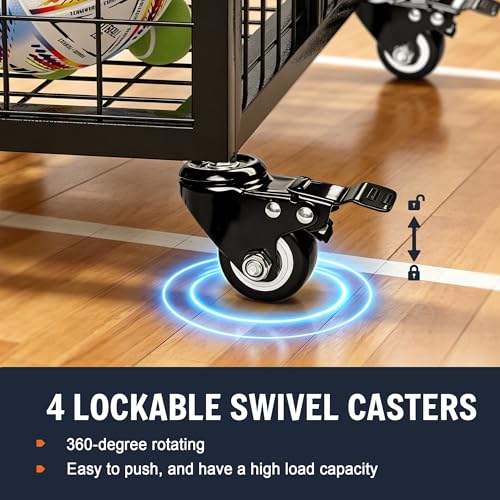 Ball Cart Garage Sports Equipment Organizer with Lockable Lid, Basketball Storage Bin for Indoor Outdoor, Rolling Exercise Ball Cart Holder for Gym, School, Club