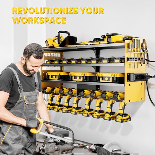 POKIPO Large Power Tool Organizer Wall Mount with Charging Station,4 Layer Heavy Duty Metal Storage Rack Loads 600lbs with 8 Cordless Drill Holder,Battery Utility Rack Gift for Garage workshops Room