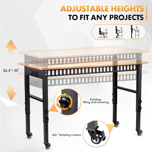 GVGBUK 48" Height Adjustable Workbench, 2000 LBS Load Capacity Rubber Wood Top Workstation, Heavy-Duty Hardwood Worktable for Garage Workshop (with Wheels and Socket,48'')