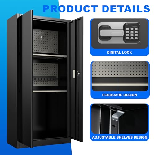 Marcree Metal Storage Cabinet with Digital Lock, 70" Tall Locker with Alarm System, Black File Storage Cabinet with Door and Adjustable Shelves, Pegboard, Hooks, Gun Rack for Home Garage Office