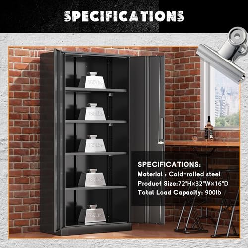 Greenvelly Storage Cabinet, 72” Black Garage Steel Locking Cabinet with Doors and 4 Adjustable Shelves, Tall Lockable File &Tool Cabinet for Home Office, Metal Classroom Cabinet Basement