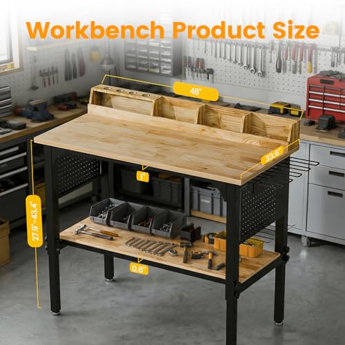 Northsky Heavy-Duty 48" Adjustable Height Workbench - 2200 LBS Capacity with Storage & Pegboard, Built-in Power Outlet, Lockable Wheels for Garage, Workshop, & Home Use