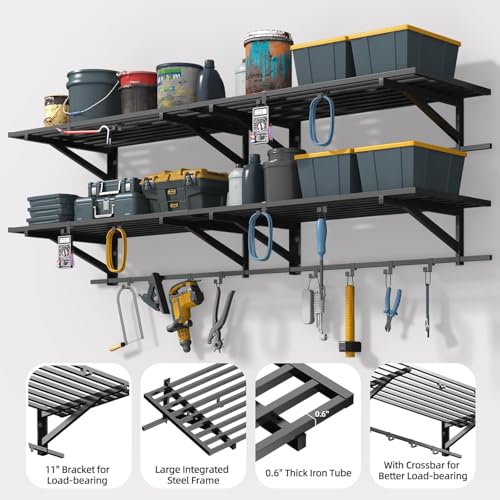 ZHNSYDN 2-Pack 2x4ft Garage Shelving Wall Mounted, Heavy Duty Garage Storage Shelves with 12 Hooks, 2' x 4' Wall Mount Shelves with 500LBS Capacaity