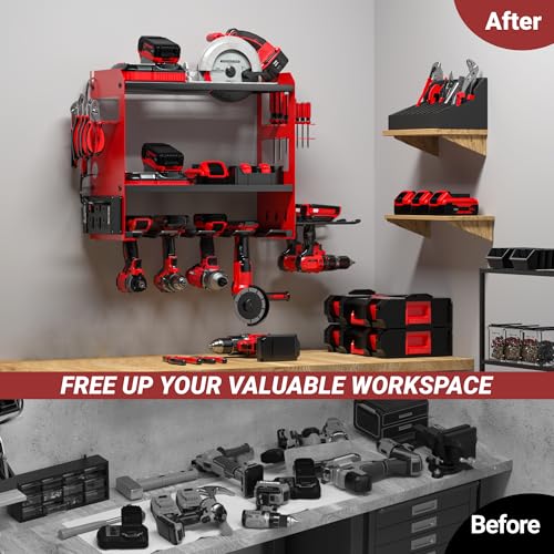 YYR Power Tool Organizer Wall Mount with Charging Station, Cordless Tools Hanger and Battery Storage Rack for Garage Organization, Heavy Duty Drill Holder Shelf Build in Metal Power Strip - Red