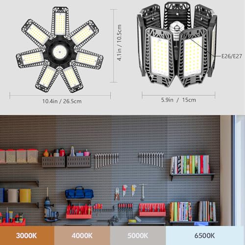 CHENGCHILIT LED Garage Light 2 Pack - 200W 20000LM 6500K LED Garage Ceiling Lights with 7+1 Adjustable Panels, Shop Lights Screw in E26 E27 Bulb Socket for Workshop, Storage Room, Basement, Warehouse