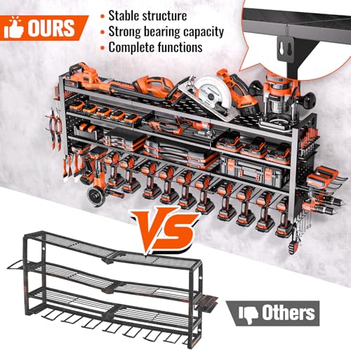 Shomextol 49.8" W Large Power Tool Organizer Wall Mount, Heavy Duty Tool Organizer with 14 cordless Drill Holder, 4 Layers Garage Organization and Storage Rack, Tool Rack for Garage Workshop, Black