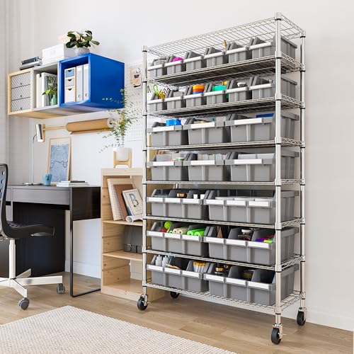 Seville Classics Heavy Duty NSF Bin Rack Solid Steel Wire Shelving Storage Unit, Patented Organizer for Garage, Warehouse, Office, Restaurant, Classroom, Kitchen, Gray, 8-Tier Includes 24 Bins