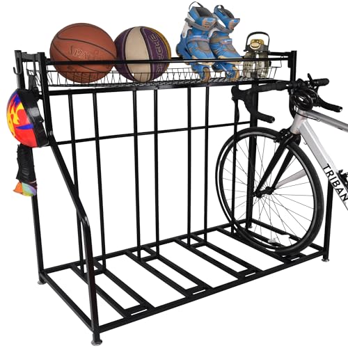 LuckySlycyc 4 Bike Rack Garage,4 Bike Stand for Garage,4 Bike Storage Rack,With storage basket adjustable hooks black metal bike stand floor for most 3"- 4" tyres bikes (4 Grids)