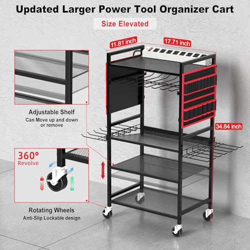 JUNNUJ Garage Large Power Tool Organizer Cart with 20A Charing Station, Heavy Duty Drill and Tools Battery Holder Storage Rack, Floor Standing Rolling Tool Cart on Wheels, Red