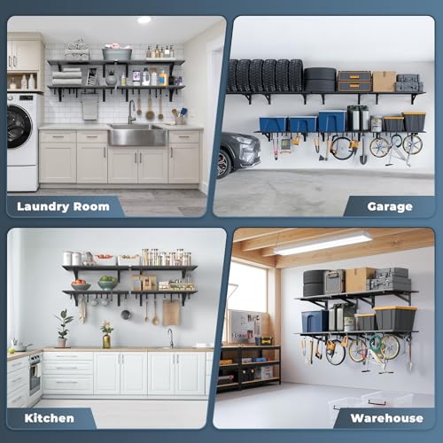 Jusgym 2-Pack 2x3ft Garage Shelving Wall Mounted, 2' x 3' Heavy Duty Garage Storage Shelves with Hooks, 500LB Capacity