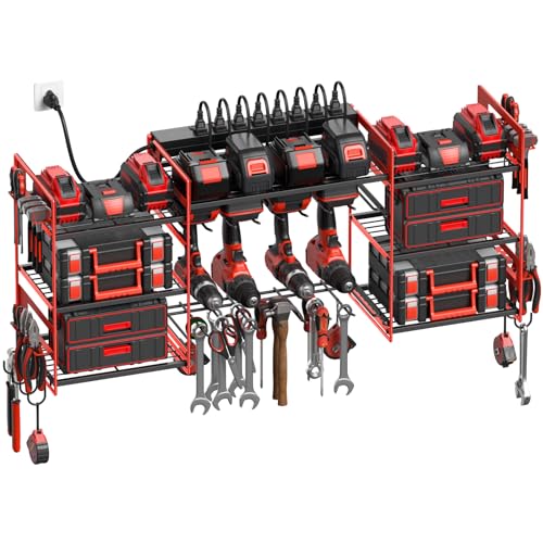 CCCEI Red Power Tool Organizer Wall Mount, Large Tools and Battery Storage Rack Charging Station Individual Switches. Drills Holder, Garage Utility Shelves with 6FT Power Strip. Gift for Men.