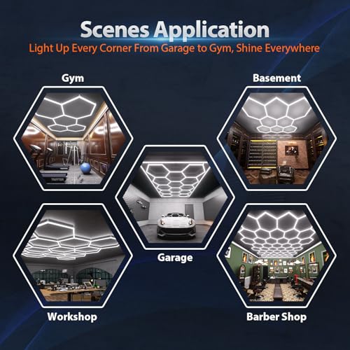 Litezone Hexagon Garage Lights: 322W 11 Grids Hexagon LED Lights - Easy Install 6500K Super Bright Honeycomb Lights Ceiling for Garage, Warehouse, Car Detailing Shop, Exhibition Hall, Gym