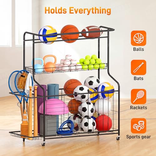 Sports Equipment Organizer -Heavy Duty Rolling Garage Storage Rack & Ball Holder, Large Capacity Cart for Outdoor Toy Storage & Garage Storage