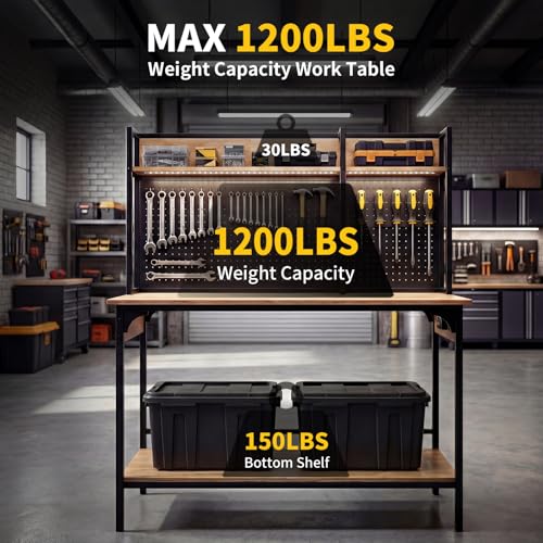 Northsky Workbench with LED Light & Power Strip, 48'' Heavy Duty Garage Work Bench with Storage, Pegboard, USB & Type-C Ports, Tool Table for Workshop, Garage, Studio, Warehouse, 3D Printer Table